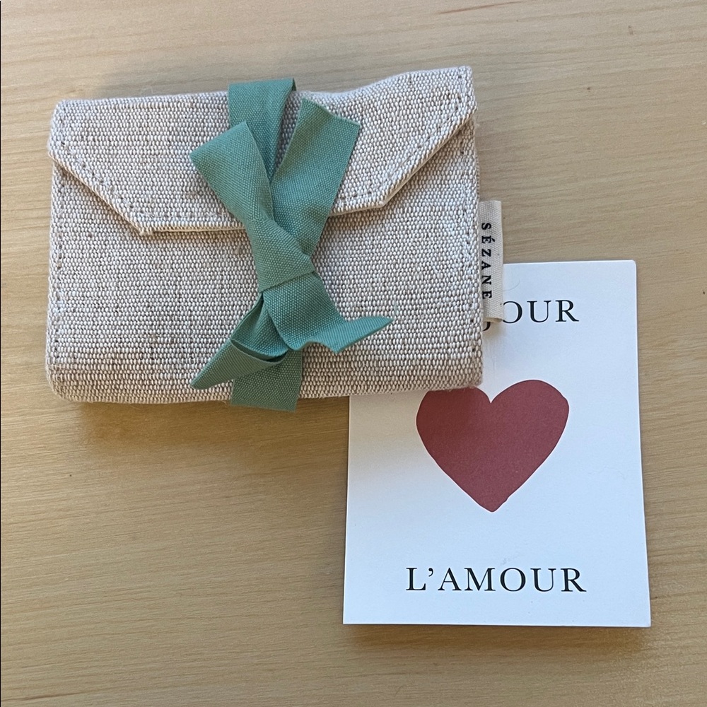 Sezane Natural Fabric Snap Closure Card Case with Green Bow - Brand New